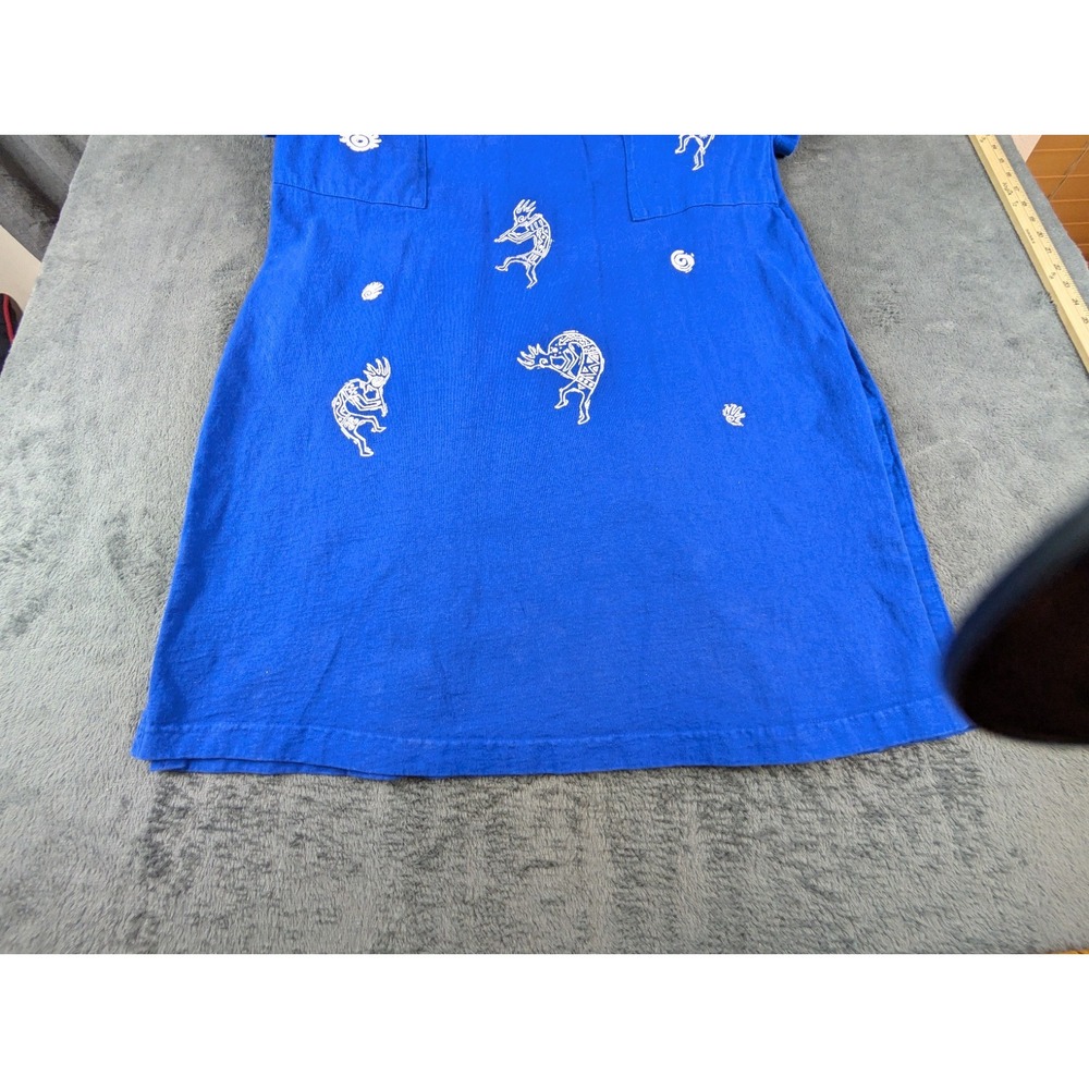 Vintage Tanuja USA Blue Dress XL Kokopelli Southwestern Cotton Pockets 90s Art - Picture 7 of 10